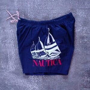 Vintage 90s Nautica Dark Blue Swim Shorts with Sailboat Print
